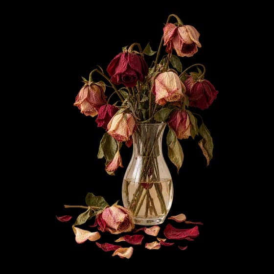 Un bouquet de roses fanées dans un vase