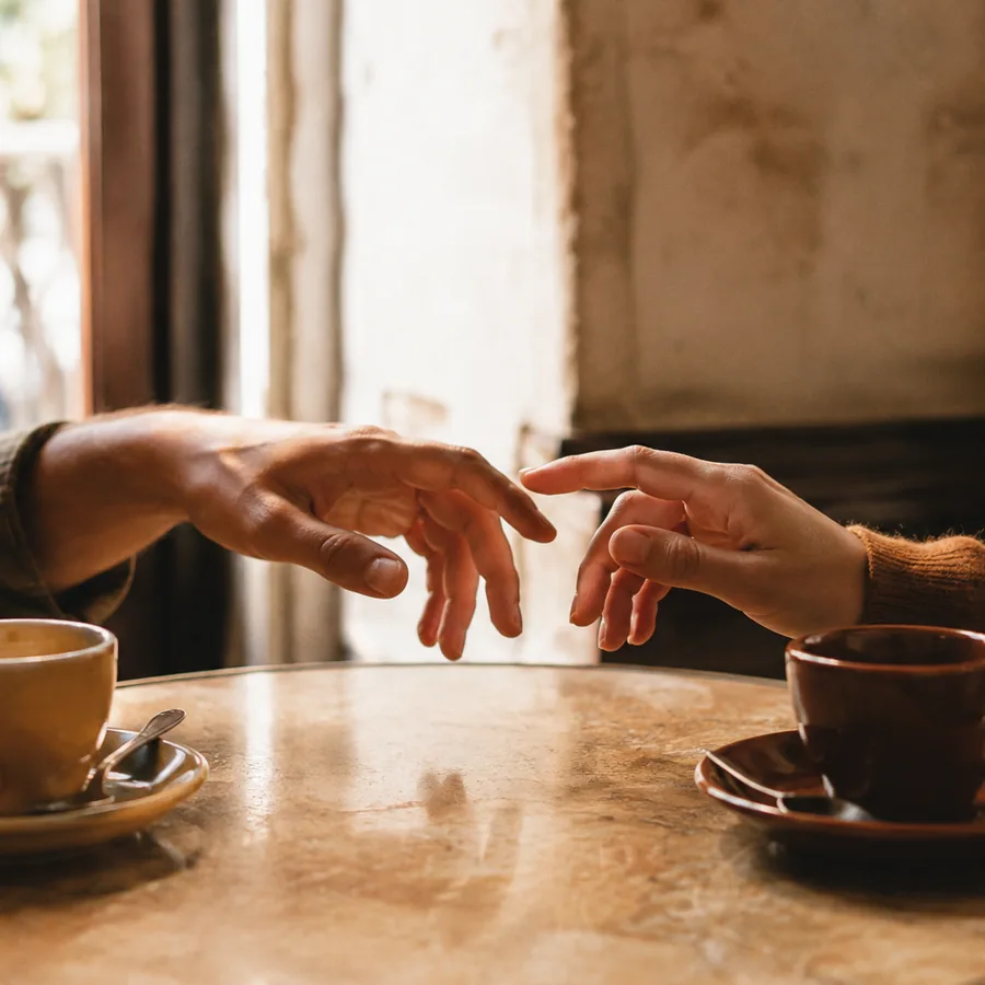 Deux mains qui se frôlent sur une table de café